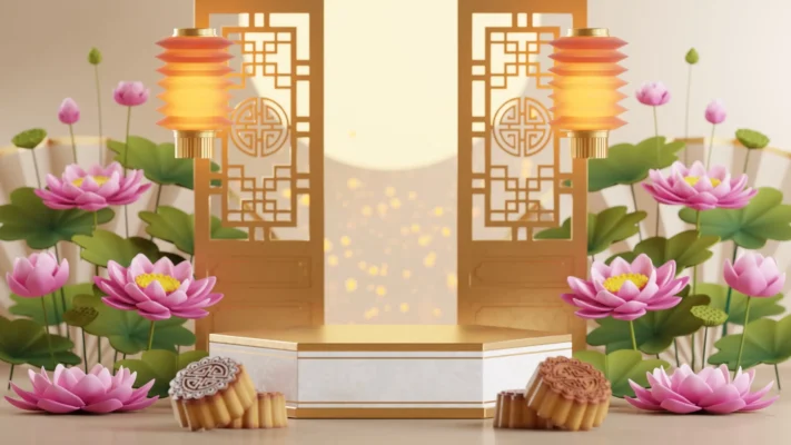 3D rendering podium mid autumn festival holiday new year with lanterns flow