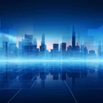 Bright blue business background with technology city scaled