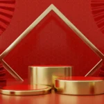 New year red modern style three podium product showcase with golden ring frame