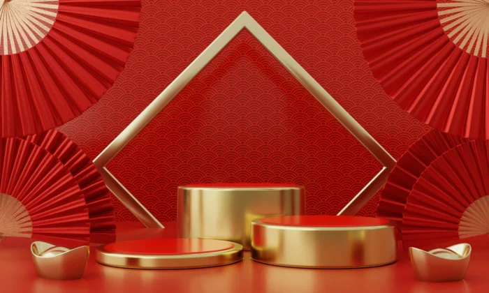 New year red modern style three podium product showcase with golden ring frame