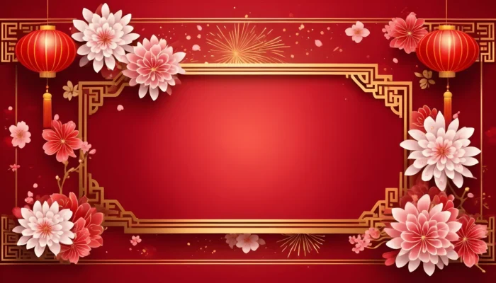 Photo chinese new year background featuring chinese ornamental elements and cherry blossom flowers with fireworks