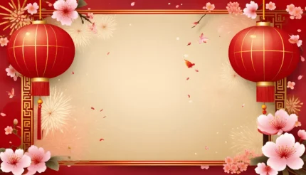 Photo chinese new year background featuring chinese ornamental elements and cherry blossom flowers with fireworks