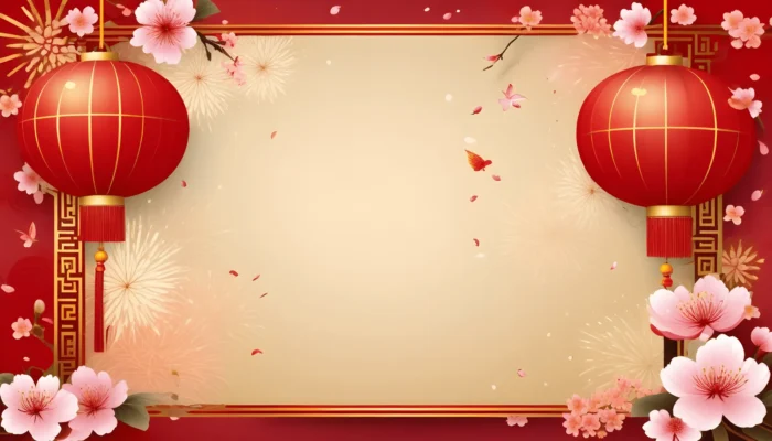 Photo chinese new year background featuring chinese ornamental elements and cherry blossom flowers with fireworks