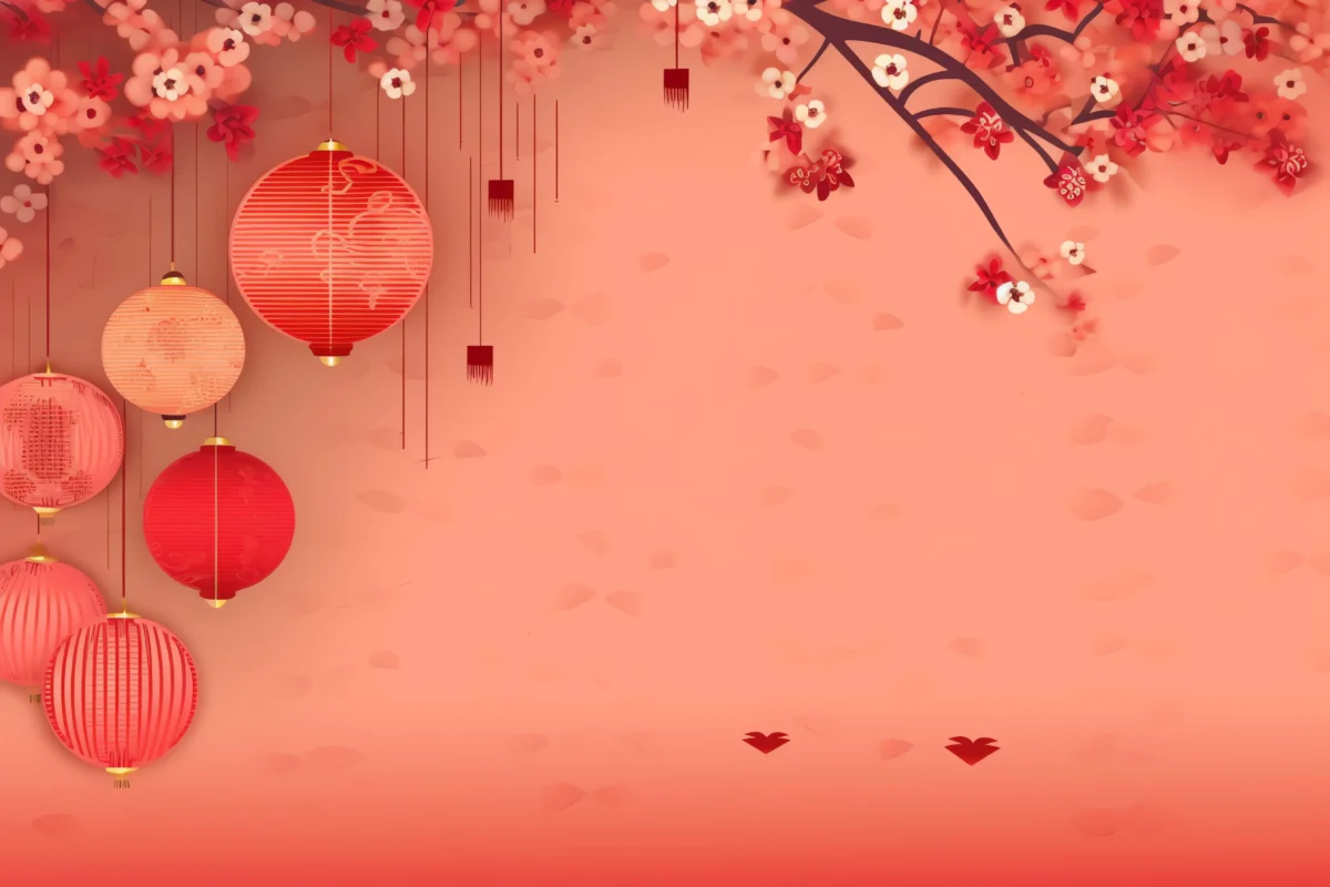 Chinese new year background with traditional lanterns sakura flowers copy space lunar new year