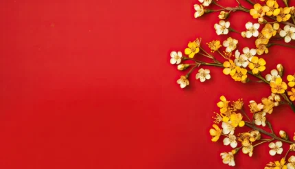 Beautiful yellow flower blossoms red pastel background with copy space