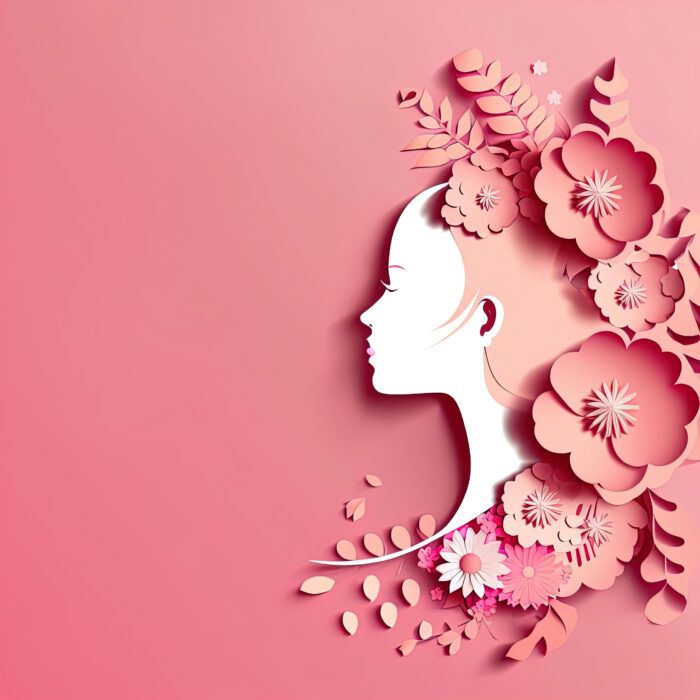 Beautiful young woman silhouette with haircut made of flowers and leaves. International women day 8 march symbol, female beauty. Papercut style