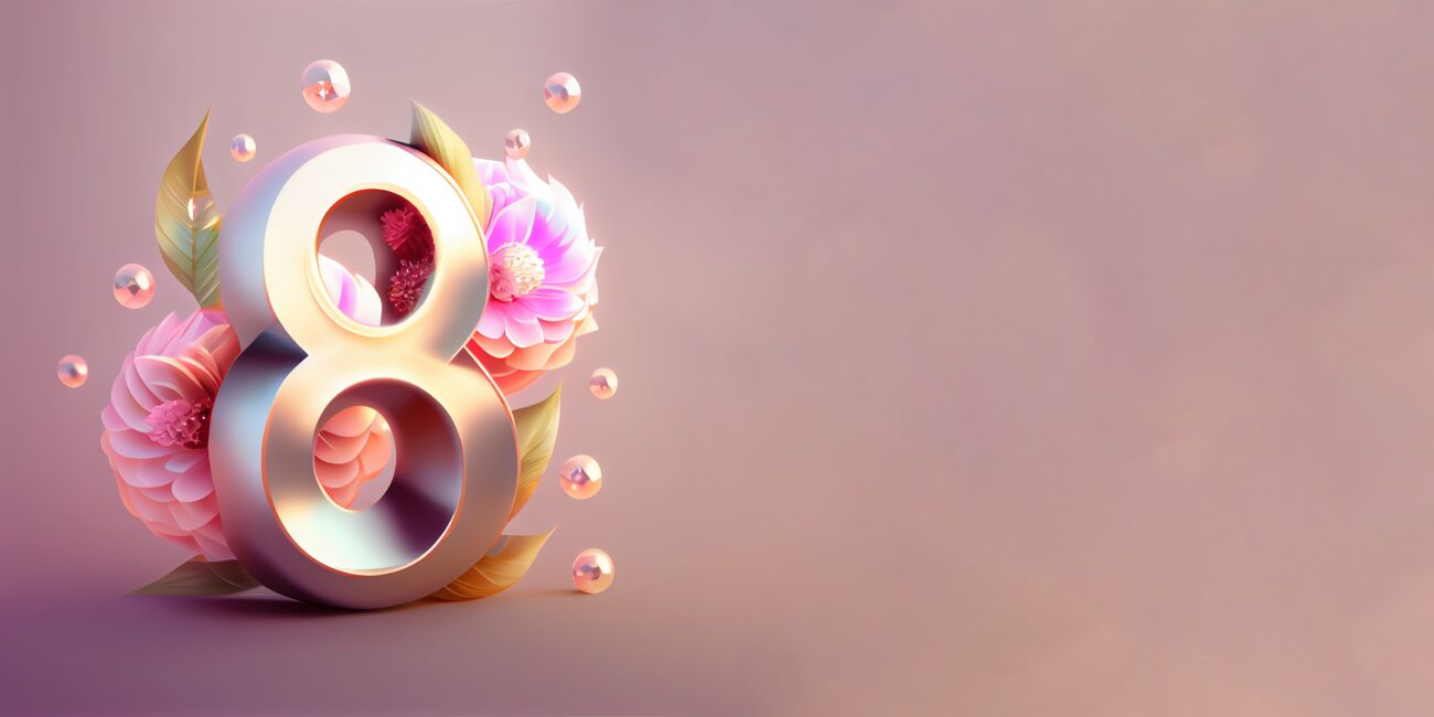 Illustration of number 8 and floral decoration for background and banner for 8th march women's day with copy space