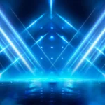 Abstract dark futuristic background Blue neon light rays reflect off the water