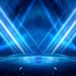 Abstract dark futuristic background Blue neon light rays reflect off the water