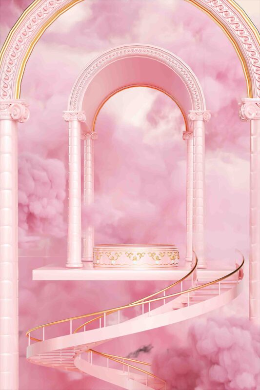 Pink angel with balcony background