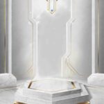 White marble podium with gold accents blue diamond