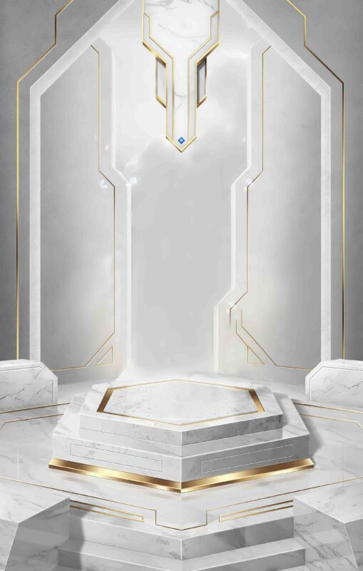 White marble podium with gold accents blue diamond