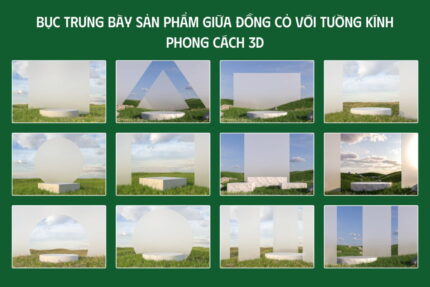 Bục trưng bày sản phẩm giữa đồng cỏ với tường kính phong cách 3d