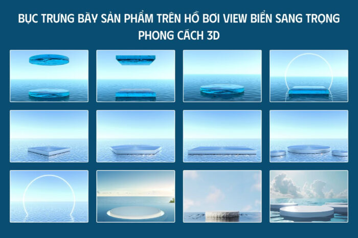 Bục trưng bày sản phẩm trên hồ bơi view biển sang trọng phong cách 3d