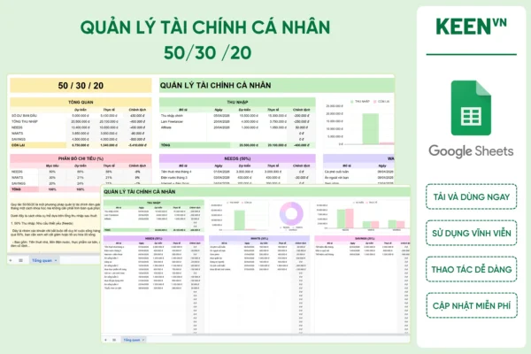 [GS-FIN-004] Mẫu quản lý tài chính cá nhân 50_30 _20 giúp kiểm soát chi tiêu và tiết kiệm thông minh Google sheet