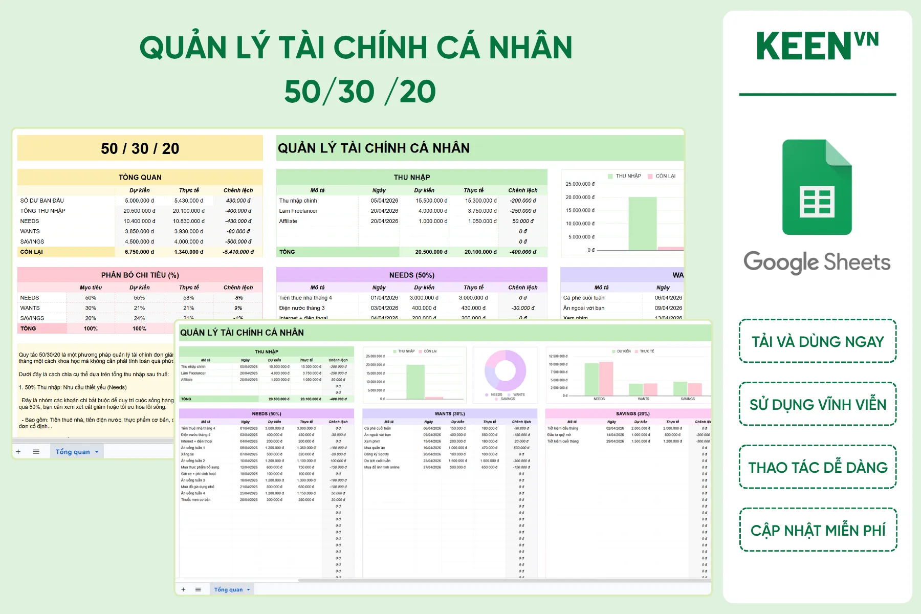 [GS-FIN-004] Mẫu quản lý tài chính cá nhân 50_30 _20 giúp kiểm soát chi tiêu và tiết kiệm thông minh Google sheet
