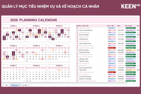 [GS-PLAN-019] Bảng quản lý mục tiêu nhiệm vụ và kế hoạch cá nhân kèm lịch Google Sheet 1