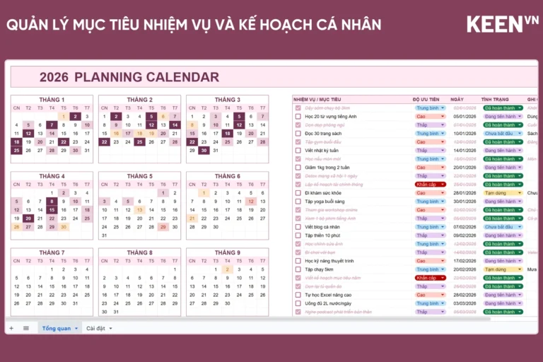 [GS-PLAN-019] Bảng quản lý mục tiêu nhiệm vụ và kế hoạch cá nhân kèm lịch Google Sheet 1